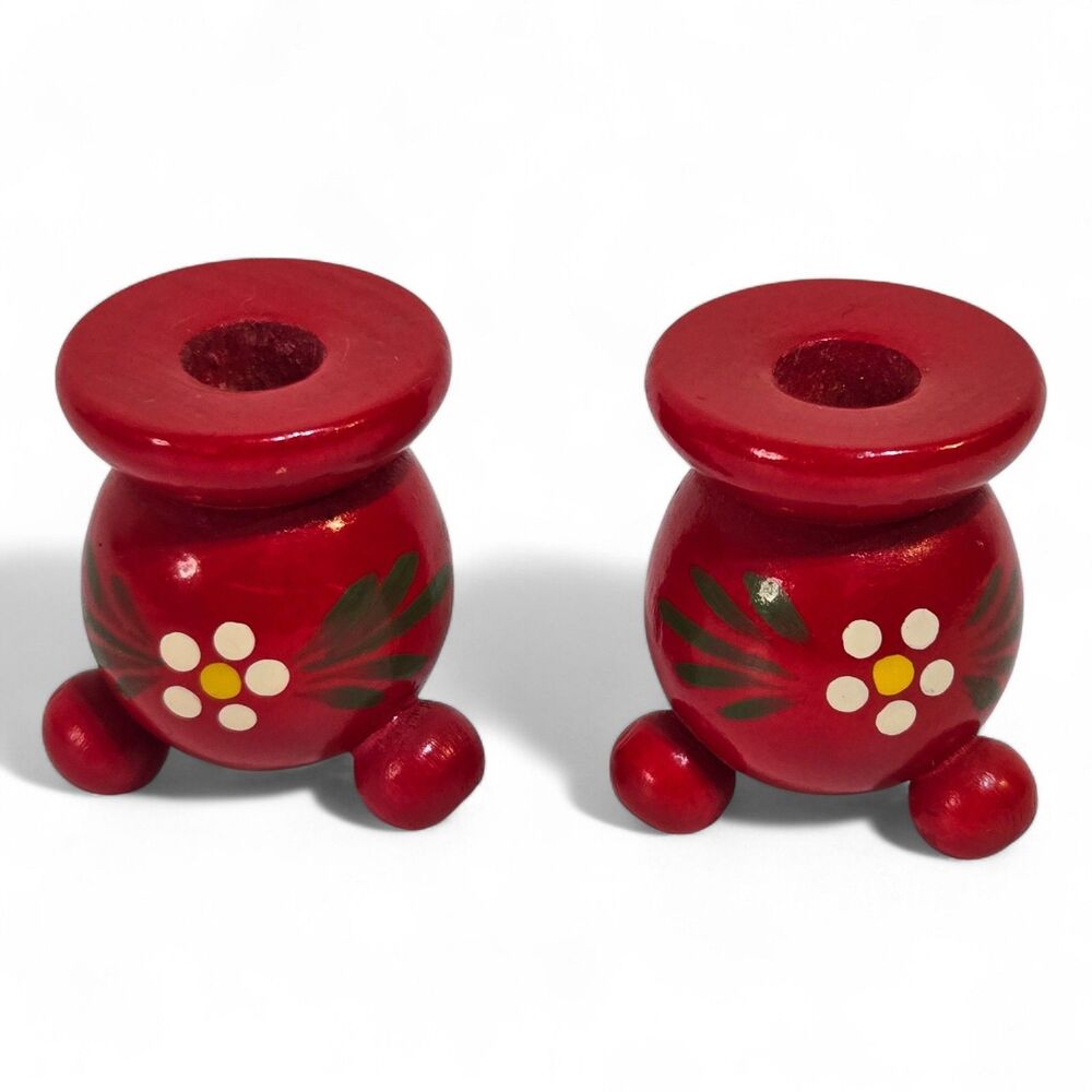 2 Scandinavian Wood Hand Painted Candlestick Holder Floral Ball Feet 1.75" Hygge